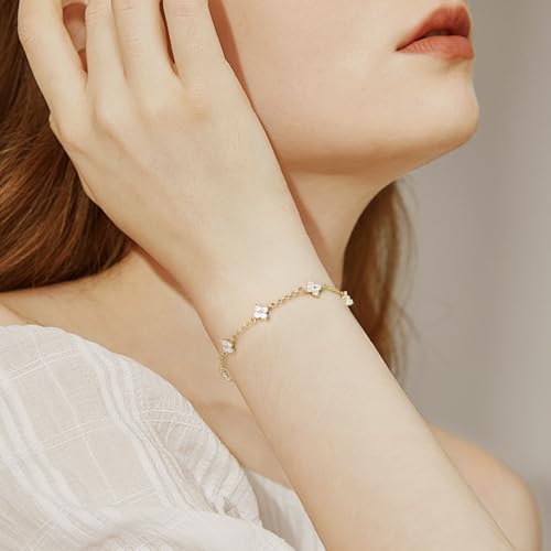 Dainty Moissanite Clover Bracelet for Women, D Color VVS1, Cute Stackable Adjustable 14K Gold/White Gold Plated Bracelet, Non Tarnish Trendy Waterproof Jewelry, Friendship Love Gift for Her