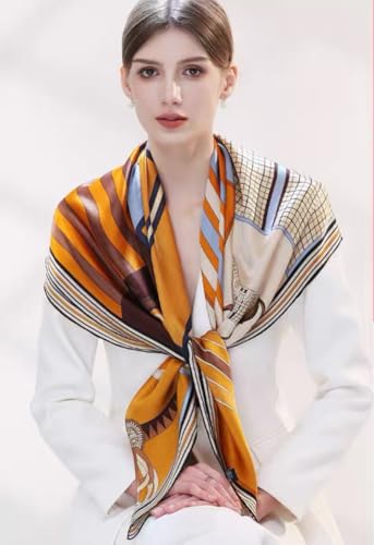 ANDANTINO 100% Silk Scarf 43" Large Square Lightweight Headscarf& Shawl–Women Hair Wraps-With Gift Packed - color: Brown&blue -Horse