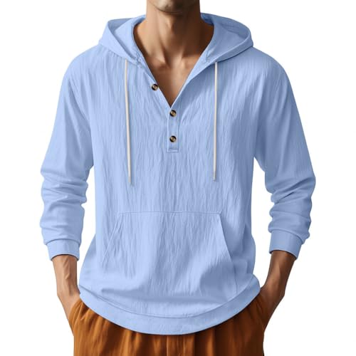 Men's Linen Hoodie Lightweight Hawaiian Shirt Casual Beach Shirt with Pockets - color: Light Blue