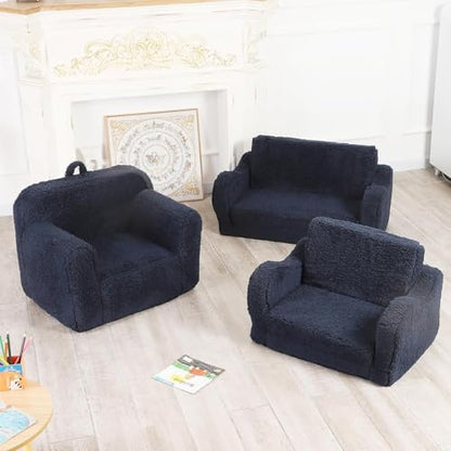 MOMCAYWEX Kids Sofa, 2-in-1 Flip-Out Foam Couch with Soft Sherpa Cover, Cozy Play Lounge Chair, Dark Blue - color: Dark Blue, size: Medium
