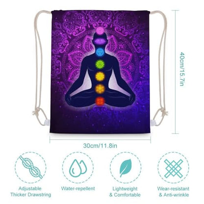 Seven Chakra Yoga Meditation Lotus Purple Mandala Portable Canvas Drawstring Backpack with Drawstring Pockets 30x40cm - color: Seven Chakra Yoga Meditation Lotus Purple Man, size: 30x40cm