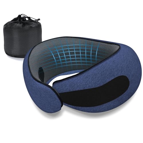 Neck Travel Pillows for Airplanes Memory Foam Neck Comfort Pillow Compact Ergonomic Design Sleeping Essentials for Long Flights Car Rides and Home Use (Blue) - color: Blue