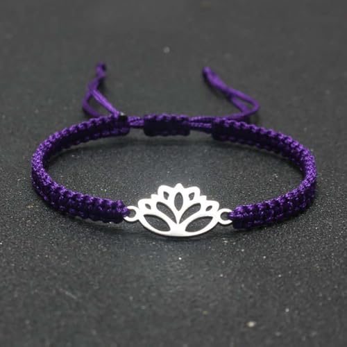 Lotus Symbol Bracelet for Women - Adjustable Cord, Silver Pendant, Spiritual Jewelry Gift - style: Amethyst Purple