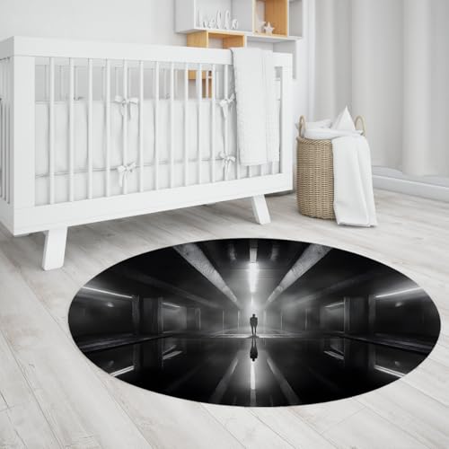 Meditation Space 6ft Round Rugs Lone Figure in Corridor Print Indoor Thin Floor Mat for Office Study Room Modern Creative Home Decor