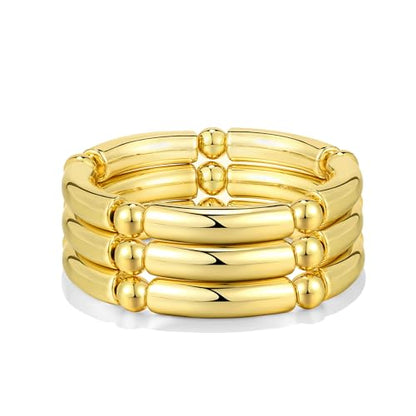 Gold Chunky Bangles Bracelets For Women 14k Gold Plated Stack Layered Curved Bamboo Tube Stretch Bracelets Gift Jewelry - color: 3pcs Gold-8mm