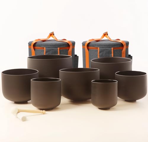 Set of 7 size 6-12 inch Black Chakra Tuned 432hz Quartz Crystal Singing Bowls with Heavy Duty Carrying Cases and Singing Bowl Mallet Suede Strikers BK - color: Set of 7, Black