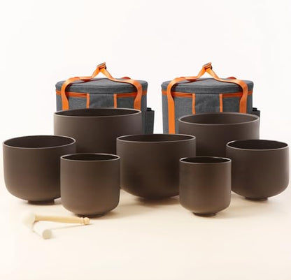 Set of 7 size 6-12 inch Black Chakra Tuned 432hz Quartz Crystal Singing Bowls with Heavy Duty Carrying Cases and Singing Bowl Mallet Suede Strikers BK - color: Set of 7, Black