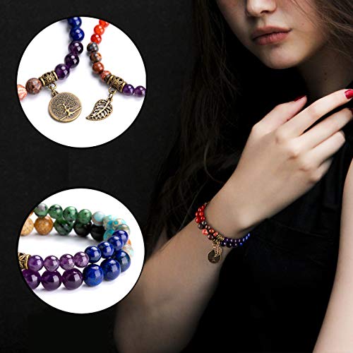 Bivei Natural Semi Precious Gemstone beads bracelet for women - Life Tree and Leaf Charm Energy Reiki Crystal Stretch Bracelets - color: # 7 chakras bracelet set- Bronze, size: Medium:6.8-7.24inch