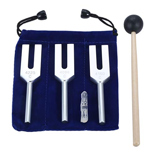 Angel Tuning Forks Set - 4096 Hz, 4160 Hz, 4225 Hz for Healing & Sound Musical Instrument, with Silicone hammer & Soft Storage Bag - color: Silver
