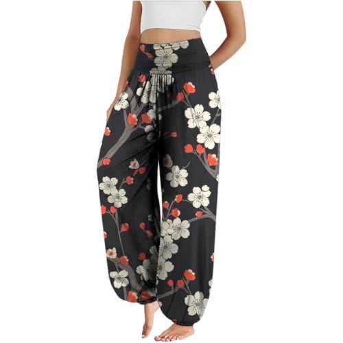 Harem Pants for Women Dressy Casual Yoga Trousers Summer Trendy Workout Flowy Print Graphic Floral Outfits 2025 - color: Beige Flowers, size: Small
