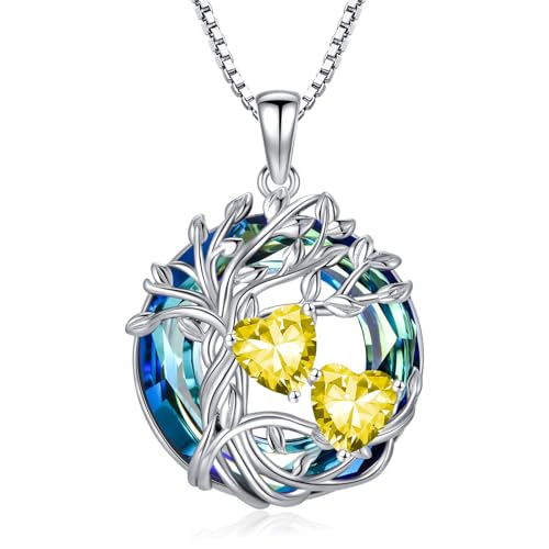 TOUPOP s925 Sterling Silver Family Celtic Tree of Life Pendant Necklaces with 2 Heart Birthstone with Blue Austrian Crystal Jewelry Birthday Valentines Day Gifts for Her, Anniversary Christmas Gifts for Wife Girlfriend Mom (18K Real White Gold Filled)