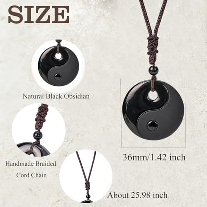 Black Obsidian Yin Yang Necklace for Men Women, Tai Chi Pendant Obsidian Balance Necklace for Releasing Negativity, Talisman Spiritual Healing Jewelry for Protection Amulet - color: Black-2