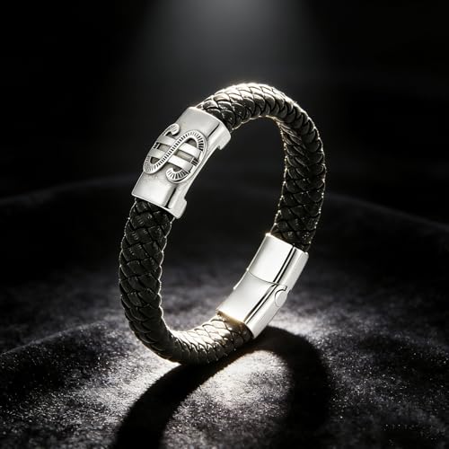 Men's Leather Bracelet, Stackable Stainless Steel Clasp Bracelets for Men Stylish Birthday, Thanksgiving, Valentine's Day Gift for My Man - style: 9" Dollar
