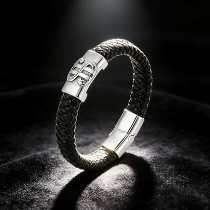 Men's Leather Bracelet, Stackable Stainless Steel Clasp Bracelets for Men Stylish Birthday, Thanksgiving, Valentine's Day Gift for My Man - style: 9" Dollar