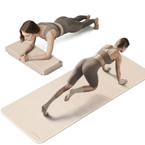 PAIDU Foldable Fitness Yoga Mat | 2/5" (10MM) Extra Thick | SGS Certified Non-Slip TPE | 75x26" Extra Long-Wide | Portable & Easy Store | for Yoga, Pilates, Home Gym & Full-Body Workouts - color: Beige+Dark Gray