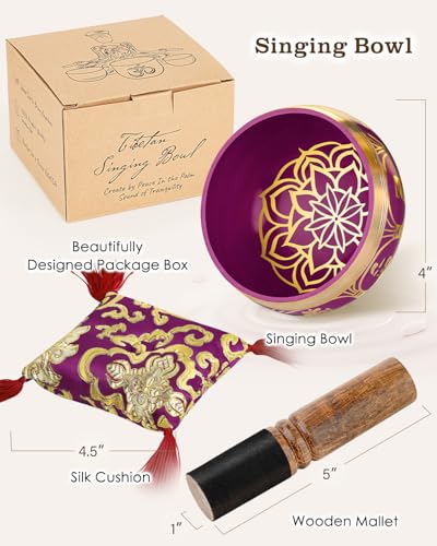 Tibetan Singing Bowls – Hand-Hammered in Nepal, Authentic Meditation Sound Bowls for Yoga, Chakra Healing, Mindfulness & Spiritual Self-Care Gifts for Women - color: Red(Lotus)