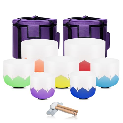 432hz Crystal Singing Bowl Healing 6-12inch Set of 7 Lotus for Meditation Yoga Heart Chakra Singing Bowls Heavy Duty Carrying Case Rubber Mallet Suede Striker - color: Lotus 7 Color