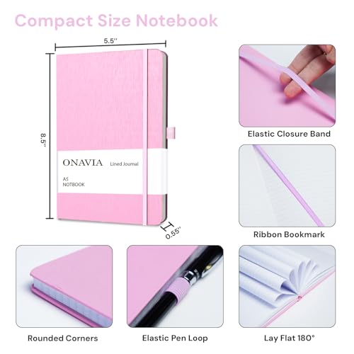 ONAVIA A5 Hardcover Notebook Journal, College Ruled Lined Notebook for Work, Office Meetings, Journaling, Planning & Daily Writing, 160 Pages (80 Sheets), 5.8 x 8.3 in, Pink - color: Pink