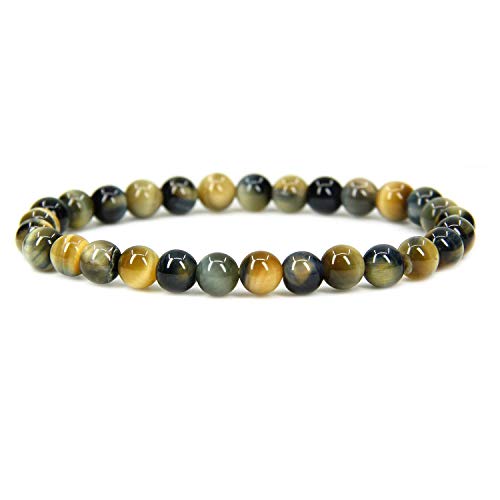 Angelstones Handmade Natural Healing Gemstone 6mm Round Beads Stretch Crystal Bracelet 7 Inch Unisex - color: Golden Blue Tiger Eye