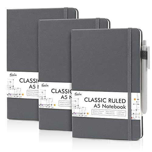feela 3 Pack Notebooks Journals Bulk with 3 Black Pens, A5 Hardcover Notebook Classic Ruled Lined Journal Set with Pen Holder for Work Business Journaling Note Taking, 120 GSM, 5.1”x8.3”, Gray - color: 3 Pack gray