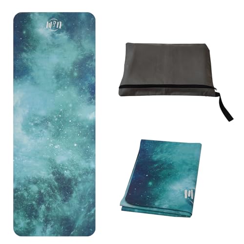 U&M 72'' x 27'' Travel Yoga Mat 1.5mm Thick - Foldable Non-Slip Natural Rubber Base & Suede Mat, Sweat-resistant Antibacterial Light Yoga Mat Material Cover for Women Men, Suitable for Beach Pilates Fitness