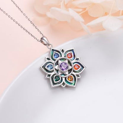 FLYOW 7 Chakra Necklace 925 Sterling Silver Lotus Flower Rainbow Stones Yoga Energy Balance Pendant Spiritual Healing Jewelry Birthday Gifts for Anxiety Stress Relief Balancing Meditation