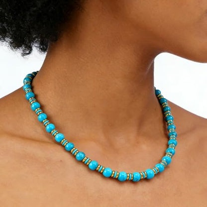 Gemstone Beaded Necklace for Women, Trendy 18K Gold Plated Hematite Natural Stone Bead Choker, Boho Handmade Summer Beach Necklaces for Women Everyday Western Jewelry Gifts - color: 01-blue