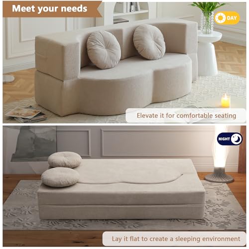 2-in-1 Folding Sofa Bed with Pillow, No Assembly Futon Twin Size Sofa Bed, Breathable Linen-Cotton Convertible Couch Bed for Living Room and Guest Room, 75.5 Inch,Khaki - color: Khaki-75.55", size: 2 seat