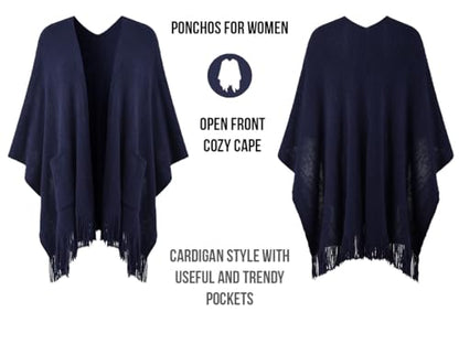 Ferand Shawl Wraps for Women, Cozy Lightweight Poncho Cape with Pockets, Warm for Fall Winter Travel - color: Navy Blue