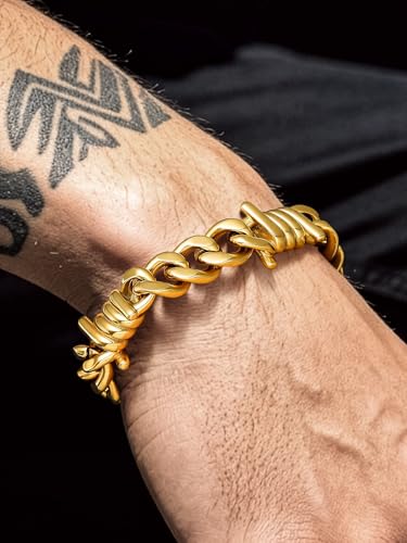Bandmax Barbed Wire Chain Bracelets for Men Women Stainless Steel/Black/Gold Thorn Cuban Link Bracelet Adjustable Punk Emo Style Jewelry Gift - color: 12 12MM-Gold Plated