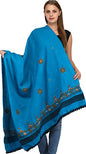 Exotic India Women's Pure Wool Shawl from Kutch with Central Embroidered Chakra and Mirrors Ethnic Design Stole, Scarves - color: Blue Jewel