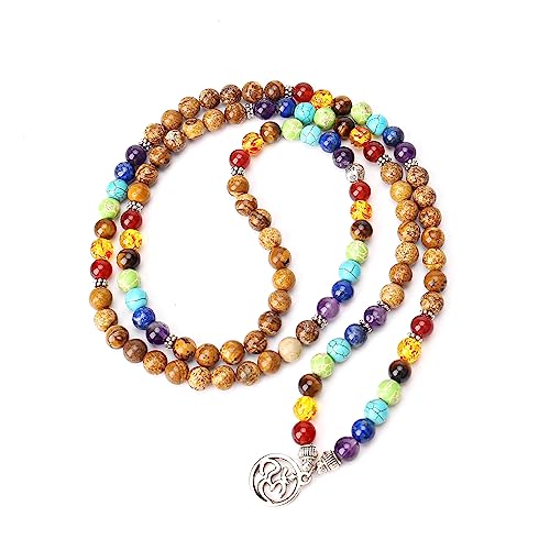 108 Mala Beads Necklace 7 Chakra Tree of Life Pendant Prayer Buddha Bracelets Healing Stone Yoga Men Women Jewelry - color: Stones Tibetan Jasper