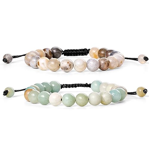 Bivei Natural Gemstone Semi Precious Crystals Handmade Stretchy Round Beads Bracelet, Enhance Positive Energy(Adjustable Bamboo Leaf Agate & Amazonite(Good Luck) Adjustable(6.9-8.5'))