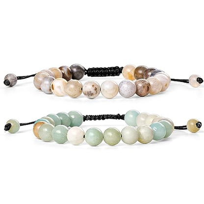 Bivei Natural Gemstone Semi Precious Crystals Handmade Stretchy Round Beads Bracelet, Enhance Positive Energy(Adjustable Bamboo Leaf Agate & Amazonite(Good Luck) Adjustable(6.9-8.5'))