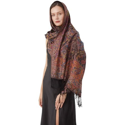 Paisley Pashmina Rave Shawl Scarf-Women's Reversible Ethnic Jacquard Pashmina Wraps for Travel - color: A#.blue Red Yellow