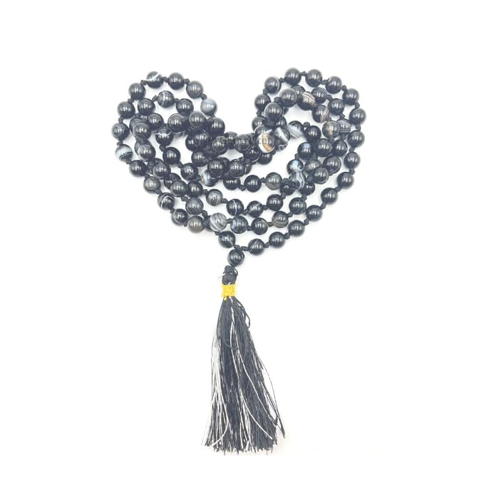 GEMSCITE Japa Mala 108 Prayer Beads Perfect for Meditation Spiritual Mala Necklace & Wrist Mala Bracelet - color: Black Banded Agate, size: Hand Knotted