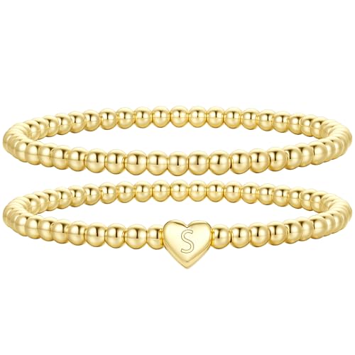 M MOOHAM Gold Initial Bracelets for Women Girls - 14K Gold Plated Bracelet for Women Trendy Letter A-Z Bracelets Dainty Heart Bracelet, Personalized Jewelry Gifts - color: S