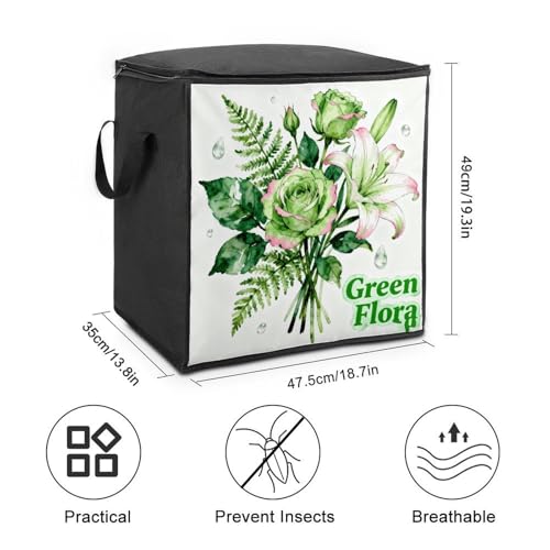 Green Flora Storage Bag Portable Closet Organizer Storage Bags Quilt Storage Bags with Zippered Breathable Storage Bag with Carry Handles for Blanket Pillow Bedding