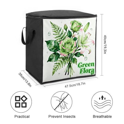 Green Flora Storage Bag Portable Closet Organizer Storage Bags Quilt Storage Bags with Zippered Breathable Storage Bag with Carry Handles for Blanket Pillow Bedding