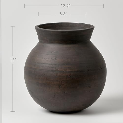 LB2 Brown Ceramic Large Vase, 13" Tall Zen Style vase, Terra Cotta Pitcher, Distressed Farmhouse Decor, Pottery Decorative Flower for Home Decor