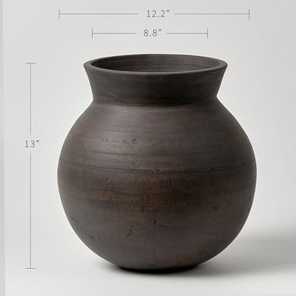 LB2 Brown Ceramic Large Vase, 13" Tall Zen Style vase, Terra Cotta Pitcher, Distressed Farmhouse Decor, Pottery Decorative Flower for Home Decor