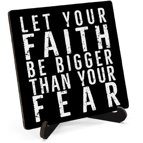 Christian Wooden Decor 5"X5", Let Your Faith Be Bigger Than Your Fear Desk Table Sign for Home Shelf Living Room Restroom, Religious Desk Table Gifts for Man Woman Friends (5x5 Inch) - color: Faith Fear