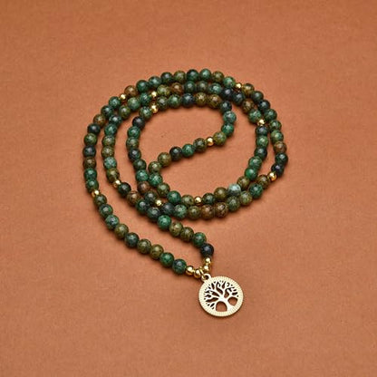Meditation Accessories, 108 Mala Beads, Gold Tree of Life Charm, Yoga Beads Bracelet or Necklace for Men or Women - style: African Turquoise