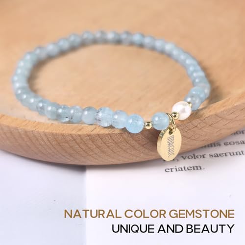 Morchic 4mm Natural Gemstone Beads Stretch Bracelet for Women, With Freshwater Pearls, Energy Gem Birthday Gift for Her 7.2” - color: Aquamarine