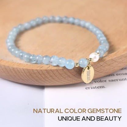 4mm Natural Gemstone Beads Stretch Bracelet for Women, With Freshwater Pearls, Energy Gem Birthday Gift for Her 7.2” - color: Aquamarine