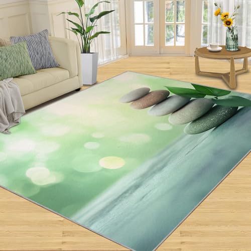 Stone Zen Rug, Fresh Green Design Area Rug - 2x5 Washable & Non Slip Japanese Oriental Rugs for Meditation Room, Soft Noise Reduction Indoor Carpet Peaceful & Natural Decor Floor Mats