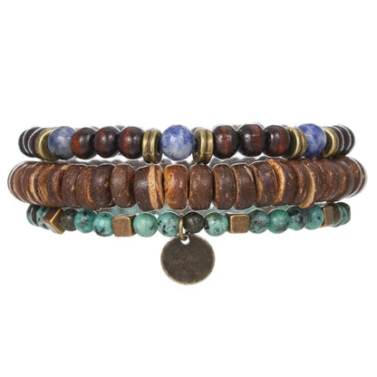 Puka Shell Bracelet for Men Wooden Bracelets Turquoise Stack Beaded Minimalist Trendy Jewelry for Friend Gift - style: 3pcs-Coin