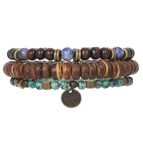 Puka Shell Bracelet for Men Wooden Bracelets Turquoise Stack Beaded Minimalist Trendy Jewelry for Friend Gift - style: 3pcs-Coin
