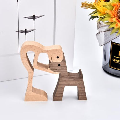 Custom Wooden Sculpture Name Engraved Human and Dog Statues - color: Custom Human and Dog