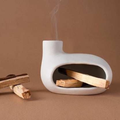 MOUGIGI Modern Palo Santo Holder Ceramic Burner for Meditation and Energy Cleansing - Handcrafted Smudge Bowl for Wood Sticks, Sage, and Incense Cones - color: Matte Clay -White